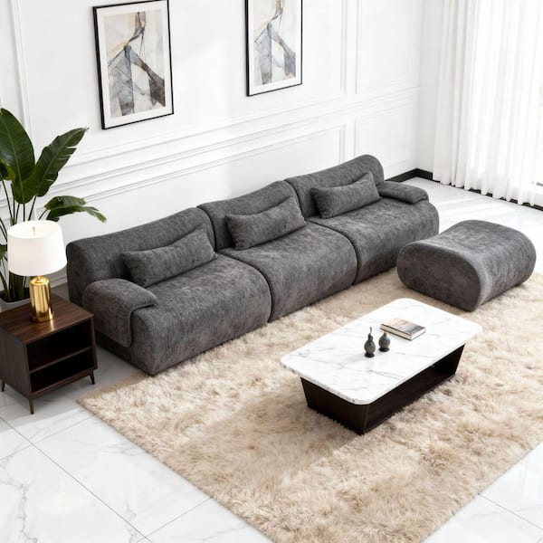 Yeston Modern 116.92 in. Pillow Top Arms Fabric Upholstery Rectangle Compressed Sectional Sofa in Grey with Ottoman