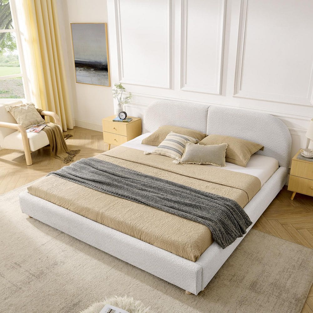 Liza Modern Minimalist Beige Wood Frame King Size Platform Bed with Tall Curved Headboard price history on PriceWatchPro