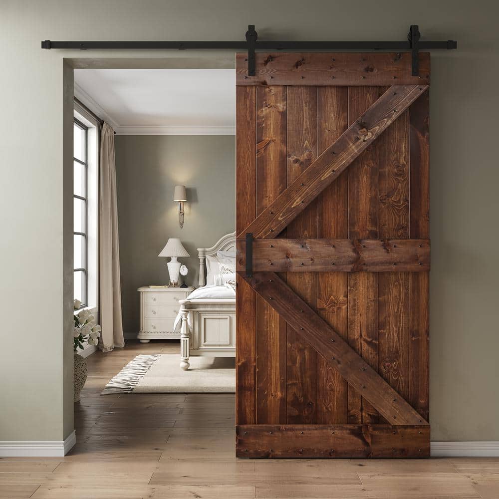 Dark Walnut 42" x 84" Pine Wood Sliding Barn Door with Steel Hardware Kit