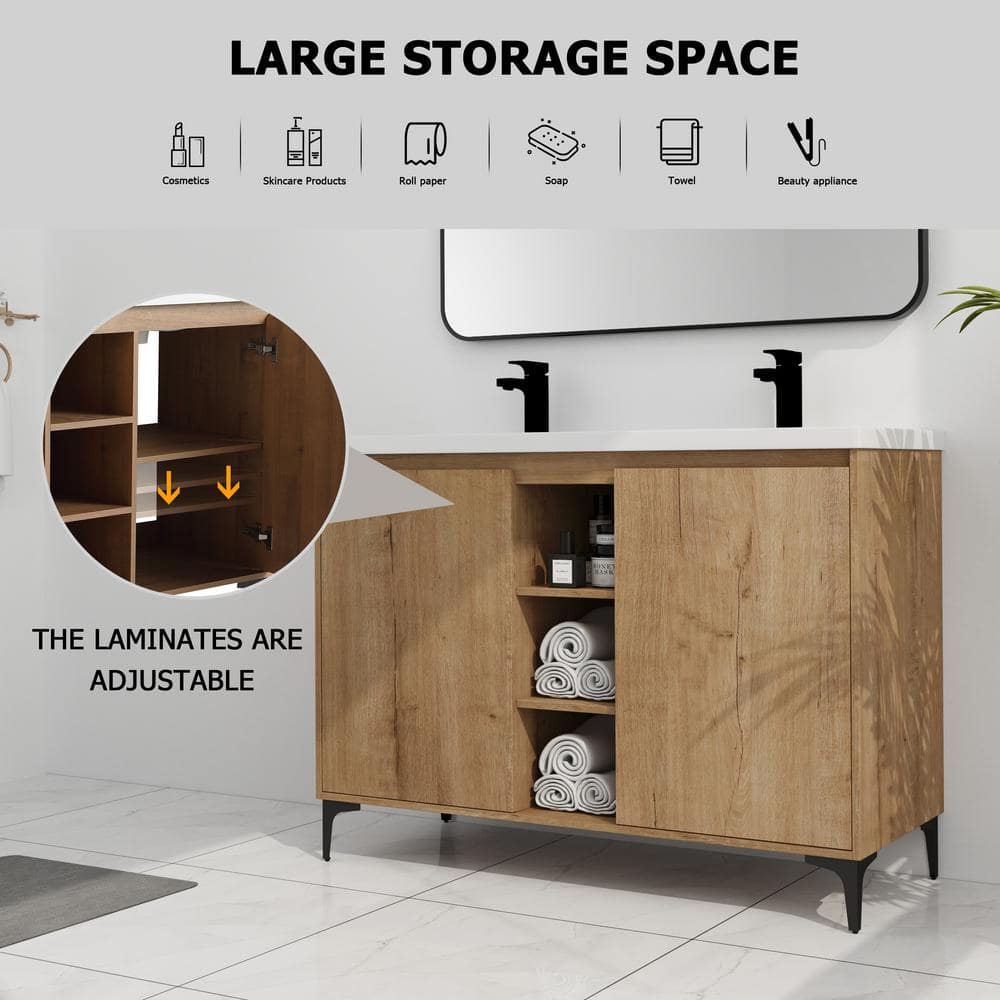 48" Imitative Oak Freestanding Double Sink Bathroom Vanity