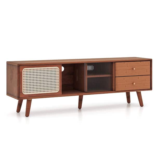 Costway Brown TV Stand Fits TVs up to 65 in. with PE Rattan Door and 2-Drawers