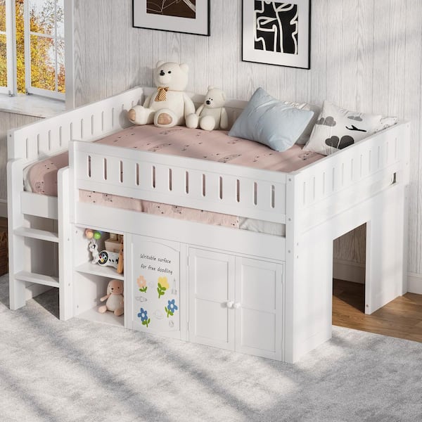 Blanche White Full Size Loft Bed with Storage Cabinet, Chalkboard Panel, 2-Doors