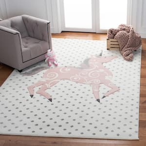 Carousel Kids Ivory Gray/Pink 5 ft. x 8 ft. Animal Print Solid Color Area Rug