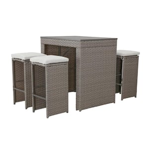 5-Piece Wicker Rectangle 39.4 in. Outdoor Dining Set with Gray Cushions