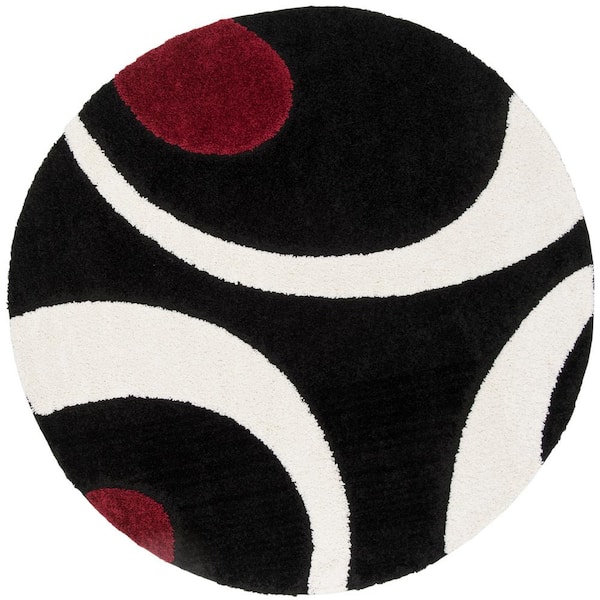 SAFAVIEH Florida Shag Black/Ivory 7 ft. x 7 ft. Round Geometric Area Rug