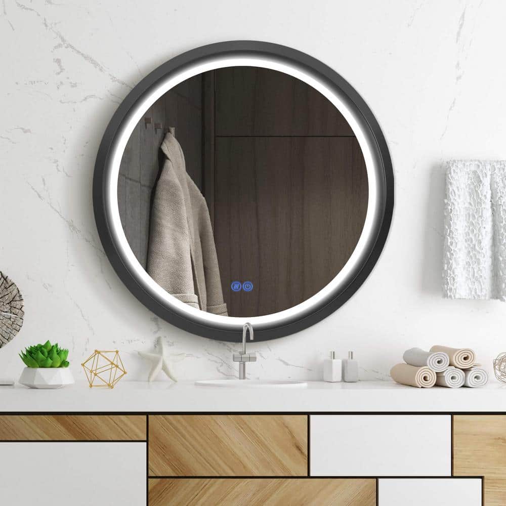 36 Inch Round Black LED Bathroom Vanity Mirror with Anti-Fog