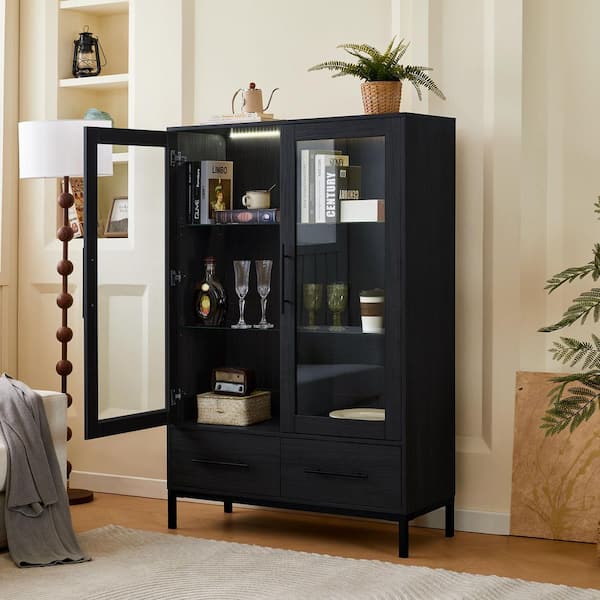 Black 60 in. Accent Cabinet with Tempered Glass Adjustable Shelves, Modern Office Storage Cabinet with Metal Legs
