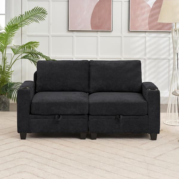 JEAREY Modern 64.6 in Black Chenille Storage Loveseat with Cup Holder and Ottoman for Living