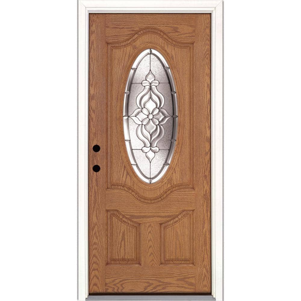 37.5 in. x 81.625 in. Lakewood Zinc 3/4 Oval Lite Stained Light Oak Right-H