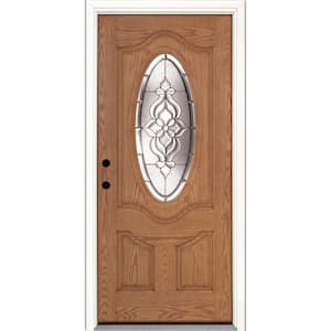 37.5 in. x 81.625 in. Lakewood Zinc 3/4 Oval Lite Stained Light Oak Right-Hand Inswing Fiberglass Prehung Front Door