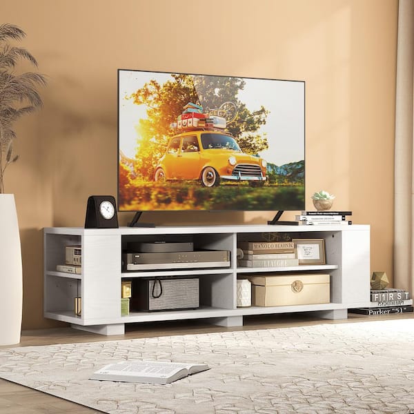 White Wood TV Stand with 8-Open Shelves Fits TVs up to 65 in. Flat Screen