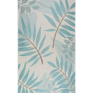 Trudy Art Deco Leaves Turquoise 10 ft. x 14 ft. Indoor/Outdoor Area Rug