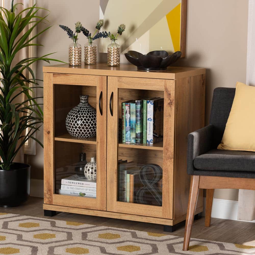 Zentra Oak Brown Wood 2-Door Glass Display Storage Cabinet
