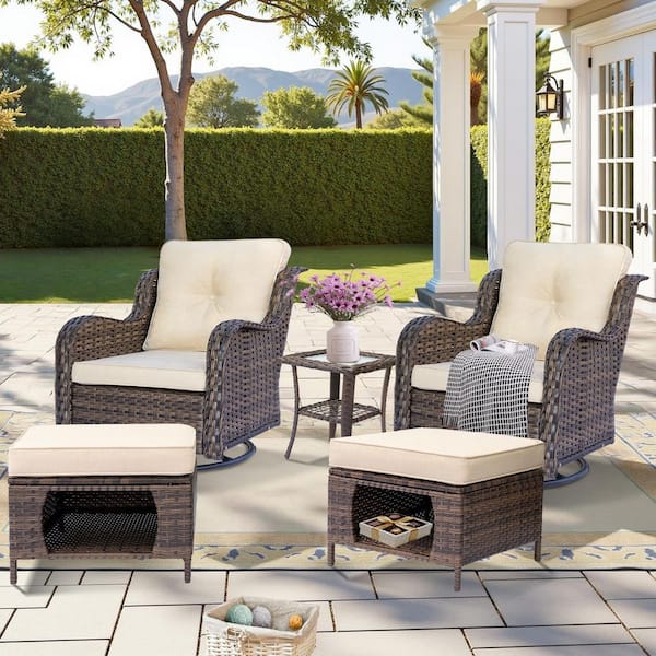 Xingzjojor Brown 5-Piece Wicker Outdoor Patio Conversation Seating Sets Swivel Rocking Chairs with Ottoman and Beige Cushions