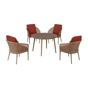 Coral Vista 5-Piece Brown Wicker and Steel Outdoor Patio Dining Set with Performance Acrylic Classic Red Cushions