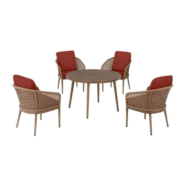 Hampton Bay Coral Vista 5-Piece Brown Wicker and Steel Outdoor Patio Dining Set with Performance Acrylic Classic Red Cushions