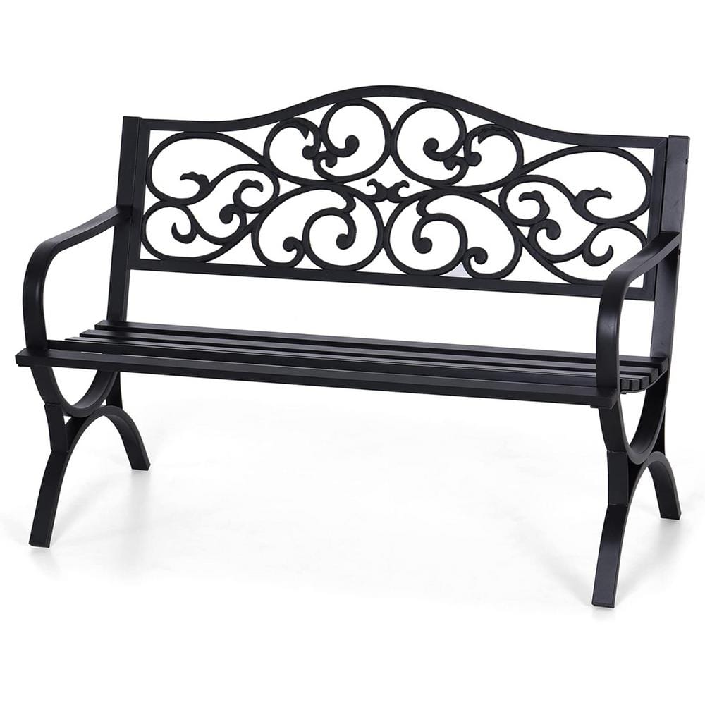 50 in. Black Cast Iron Metal Frame Outdoor Bench with Floral Design Backres