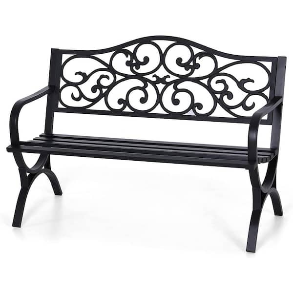 Unbranded 50 in. Black Cast Iron Metal Frame Outdoor Bench with Floral Design Backrest for Porch Yard Lawn Deck