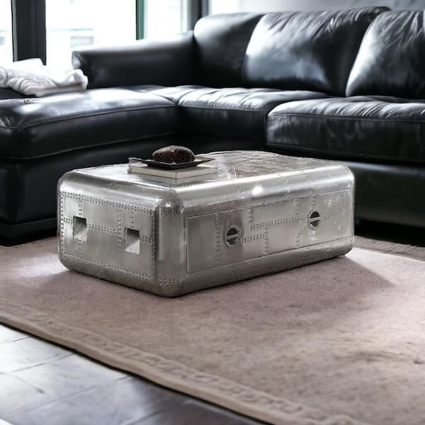HomeRoots Amelia 31 in. Silver Rectangle Metal Coffee Table with Storage
