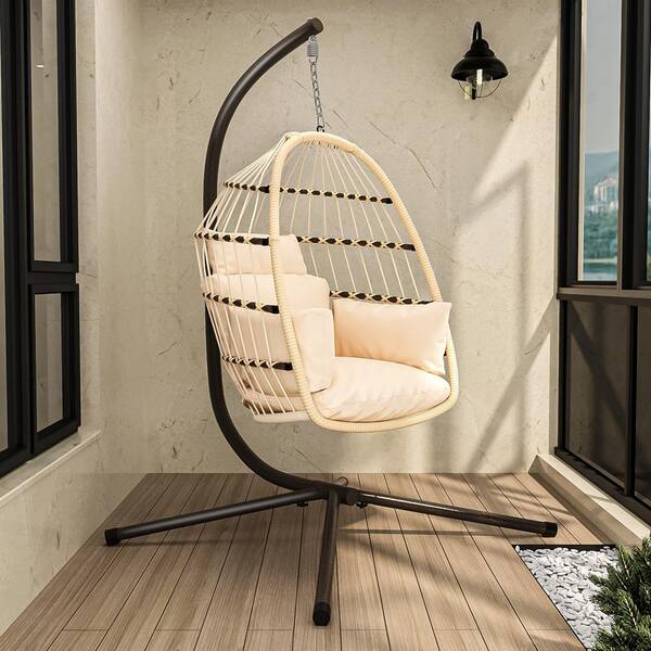 wayofatry Patio Foldable Hanging Swing Chair with Stand, Natural Color Cushion