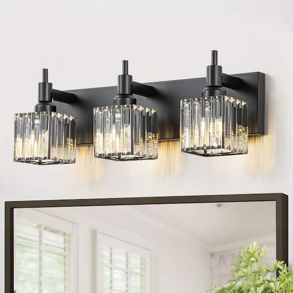EDISLIVE Orillia 19.7 in. 3-Light Modern Black Bathroom Vanity Light with Crystal Shades