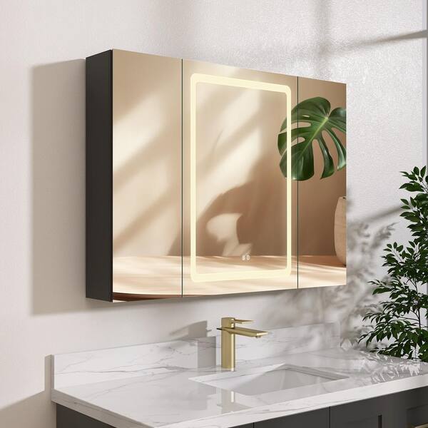 NTQ 40 in. W x 30 in. H Defogging Medium Rectangular Black Aluminum Surface Mount LED Bathroom Medicine Cabinet with Mirror