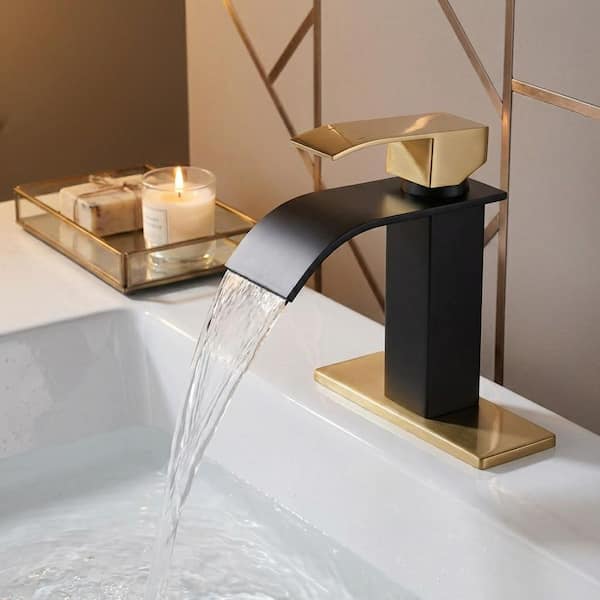 Modern Single-Handle Single-Hole Bathroom Faucet with Deck Plate and Pop-Up Drain in Black and Gold