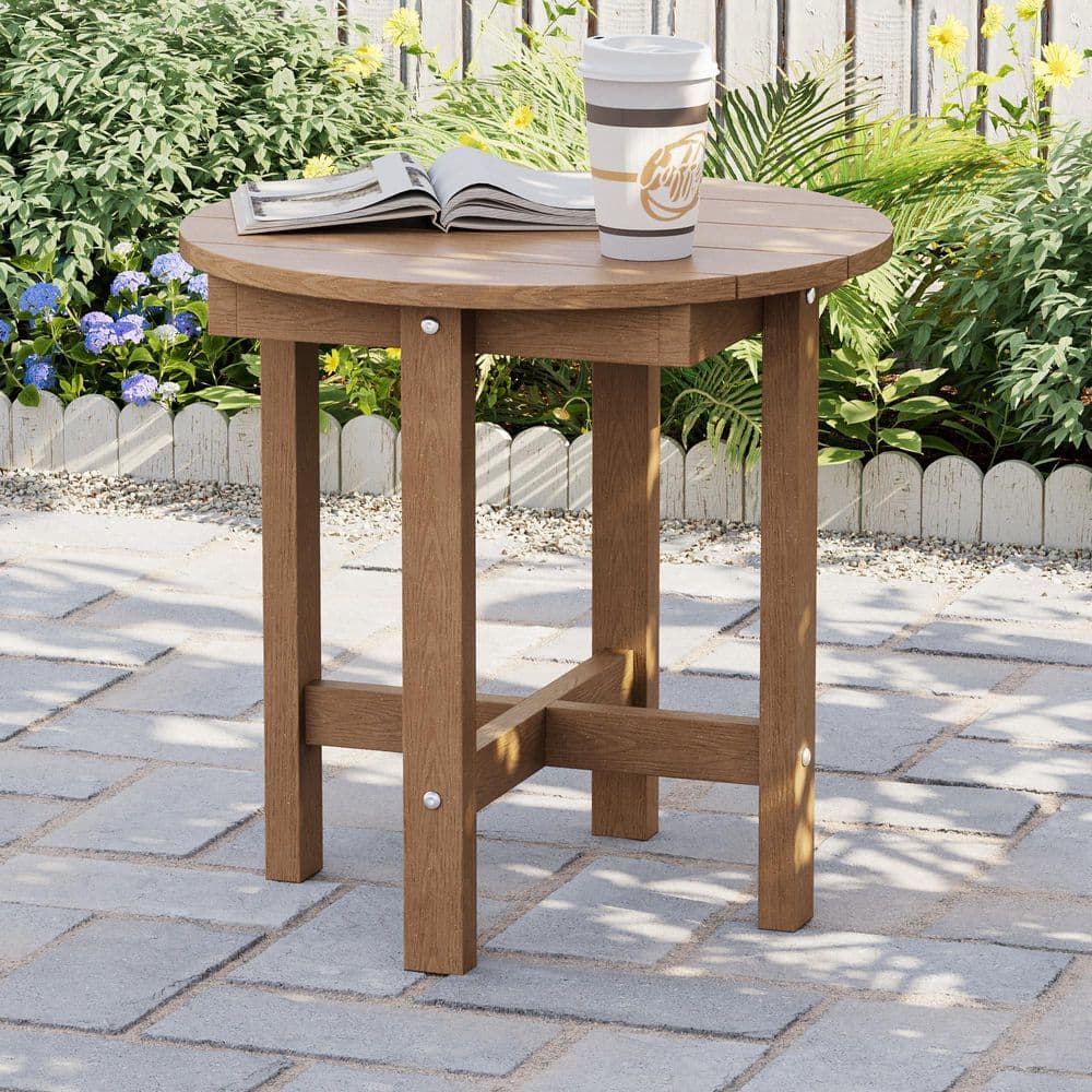 JOYESERY Round Weather Resistant HDPE Outdoor Side Table in Teak