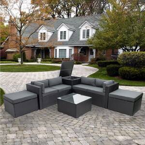 6-Piece Patio Wicker Outdoor Furniture Conversation Sofa Set with Storage Box Removeable Gray Cushions