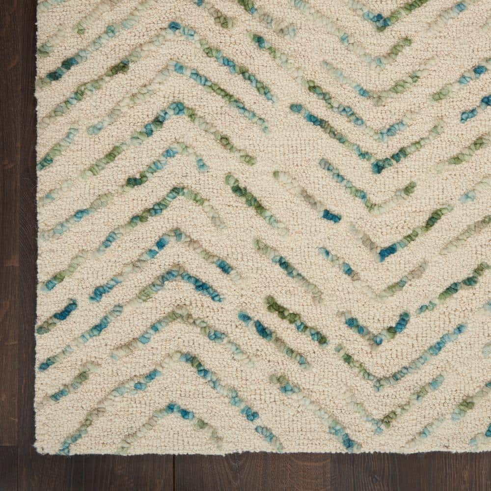 Ivory and Green Hand-Tufted Wool Chevron 8' x 12' Area Rug