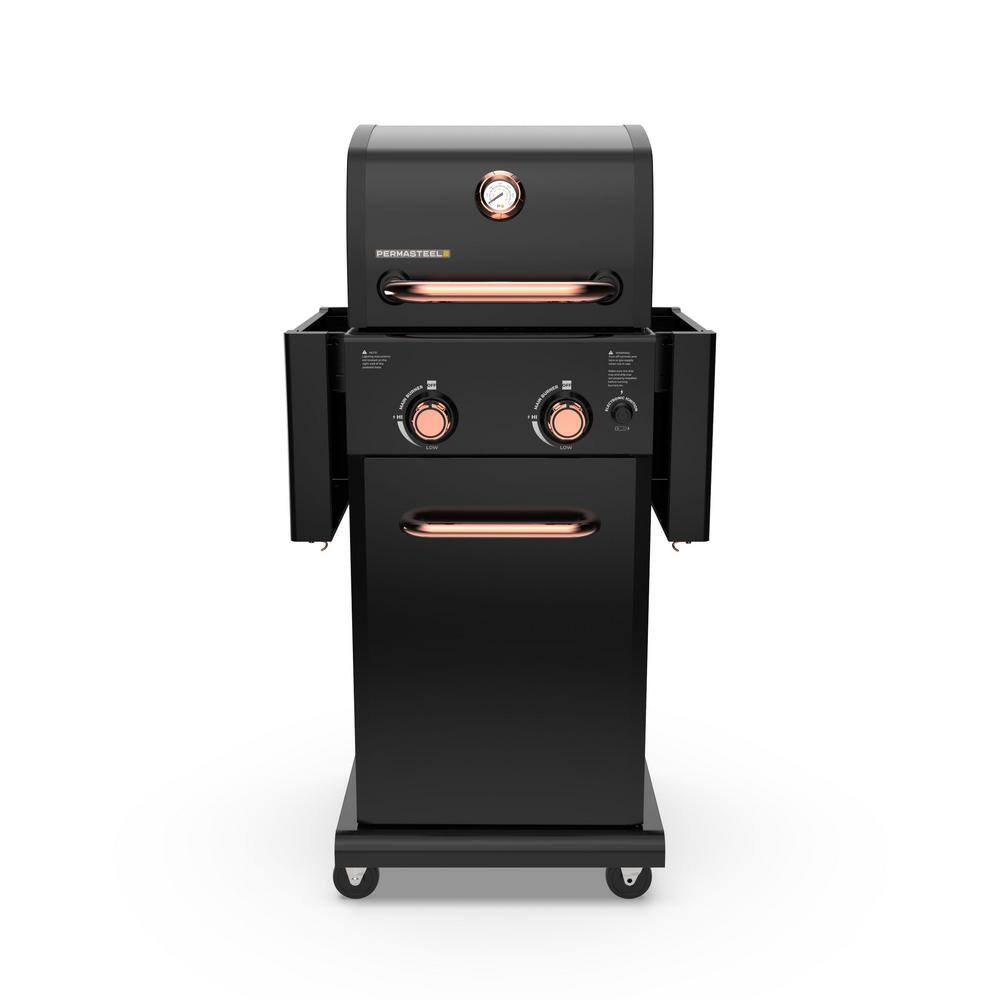Compact Black and Copper 2-Burner Propane Gas Grill with Foldable Side Tables