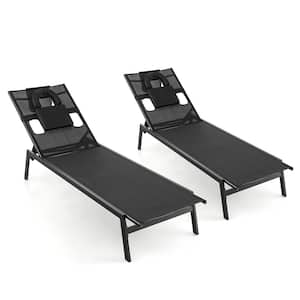 2-Pieces Metal Outdoor Patio Sunbathing Lounge Chair with Face Hole and Detachable Head Pillows Poolside