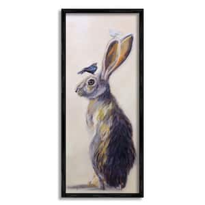 "Minimal Woodland Rabbit with Perched Birds Painting" by Karen Weber Fine Art Framed Animal Wall Art Print 10 in x 24 in