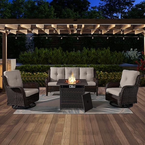 ArcoBay 4-Piece Brown Wicker Patio Square Fire Pit Conversation Set with Beige Cushions and Swivel Rocking Chairs