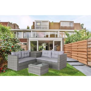 4-Piece Patio Wicker Rattan Outdoor Furniture Sectional Sofa Set Storage Box with Grey Cushions in Grey