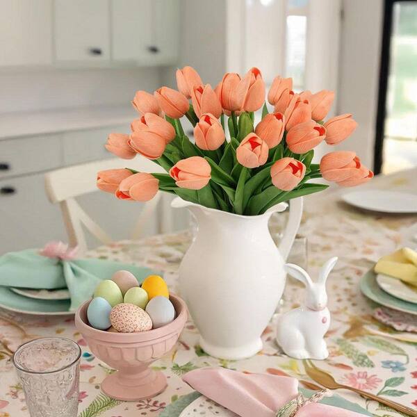 13.7 in. Orange Indoor Artificial Tulip Flower, Light Orange, 30