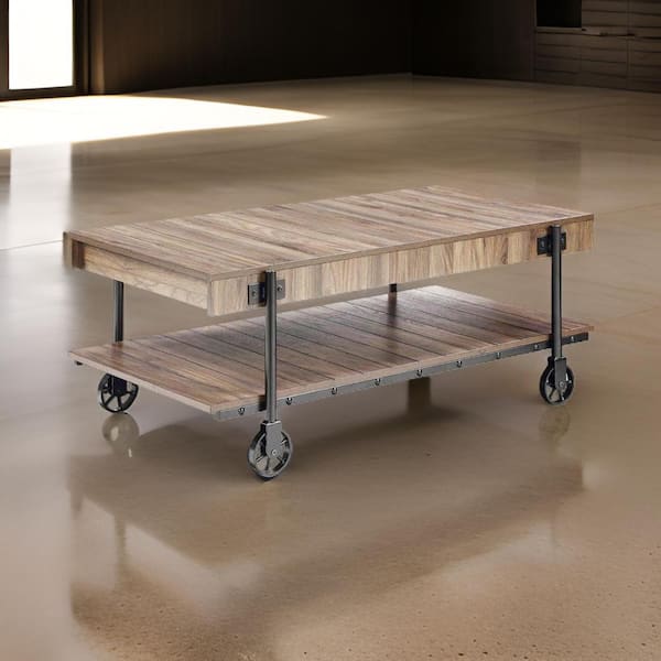 Loak 25.62 in. Black and Gray Rectangle Wood Coffee Table with Bottom Shelf and Wheels