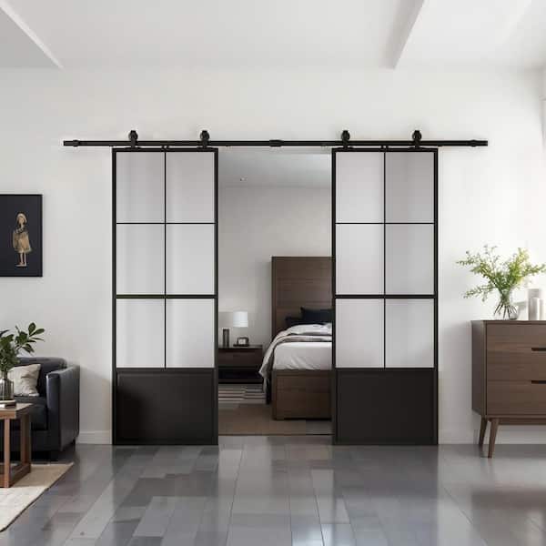 64 in. x 84 in. 3/4-Lite Frosted Glass Black Steel Frame Double Sliding Barn Door with Hardware Kit and Soft Close