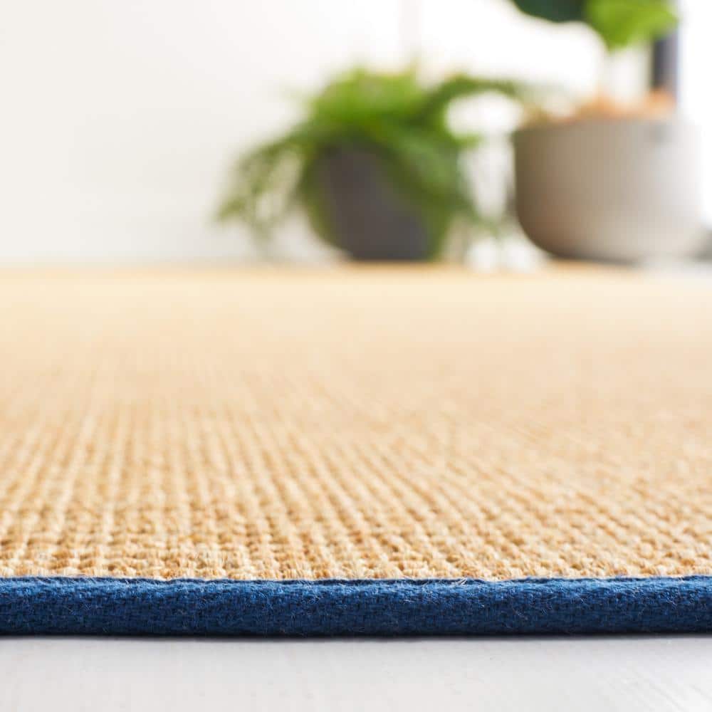 Natural and Navy Hand-Knotted Wool Cotton Silk Rug 4' x 6'