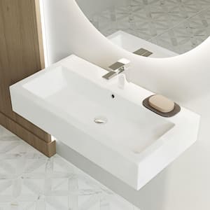 Glossy White Ceramic Rectangle Voltaire Wide Wall Hung Vessel Sink