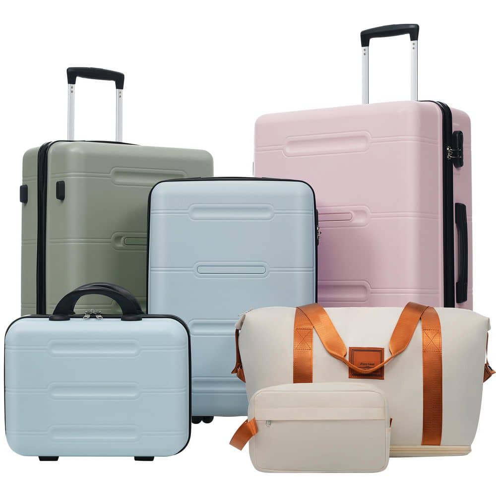 6-Piece Blue, Green, Pink ABS Hardshell Spinner 20/24/28 Luggage Set with 14 in. Cosmetic Case, Duffel Bag, Toiletry Bag