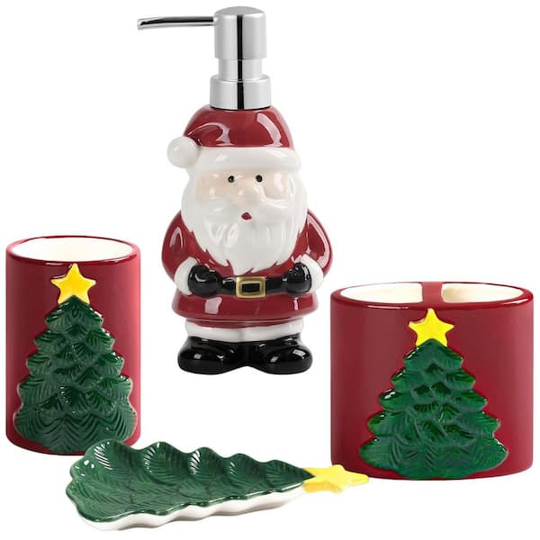 4-Pieces Red Ceramic Merry Christmas Bathroom Accessories Set Toothbrush Holder Contain Toothbrush Cup Soap Dish Tumbler