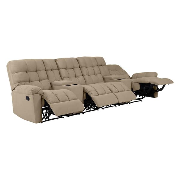 ProLounger 4-Seat Tufted Recliner Sofa with 2-Storage Consoles and USB Ports in Barley Tan Plush Low-Pile Velour