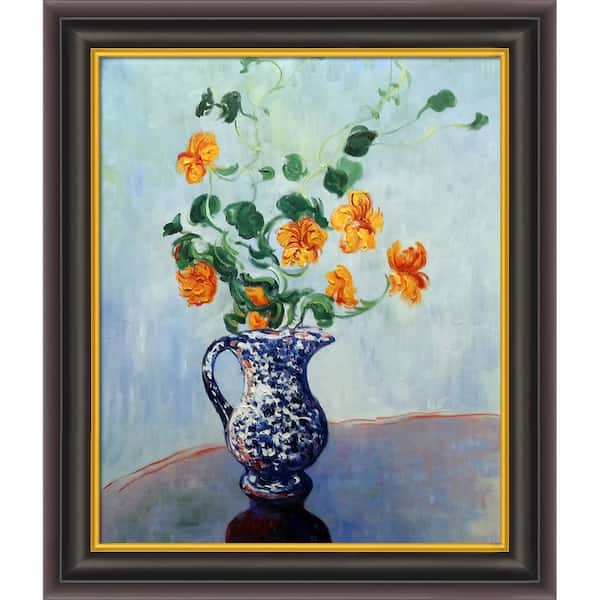 LA PASTICHE Nasturtiums in a Blue Vase by Claude Monet Opulent Framed Abstract Oil Painting Art Print 26 in. x 30 in.
