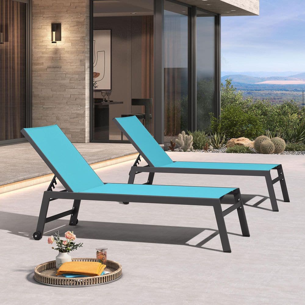 Oversize Textilene Outdoor Metal Pool Lounge Chairs with Side Table and Wheels, Blue(2 Pack) price history on PriceWatchPro