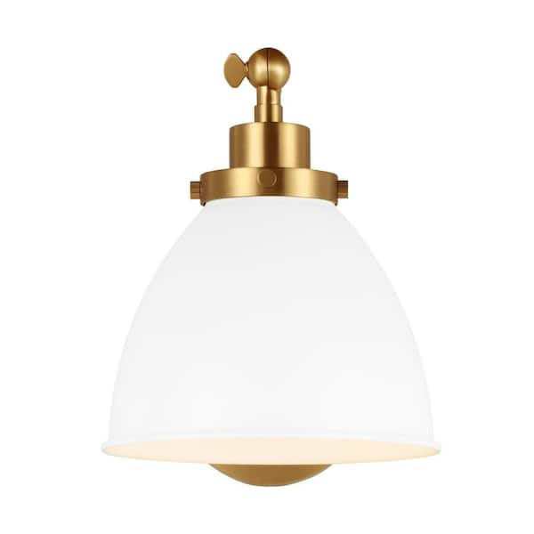 Generation Lighting Wellfleet 7.25 in. W 1-Light Matte White/Burnished Brass Single Arm Dome Task Wall Sconce with Steel Shade