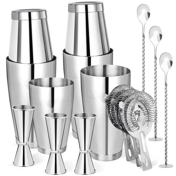 15-Piece Stainless Steel Boston Shaker Cocktail Set with 28oz and 18oz Tins, Jiggers, Strainers and Bar