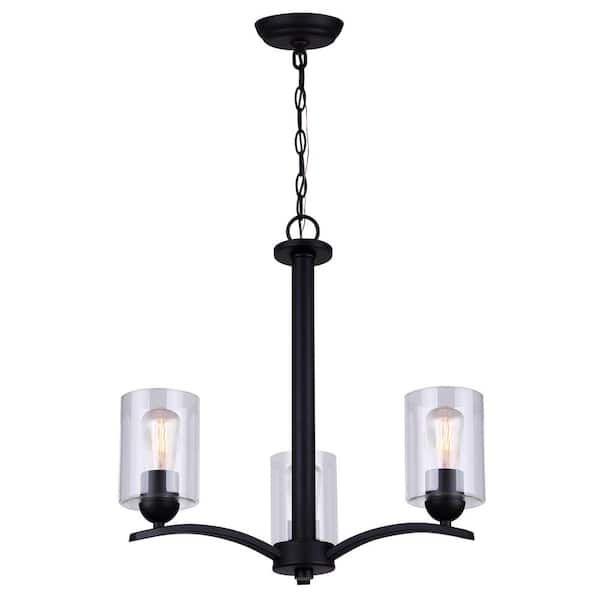 CANARM Hampton 3-Light Matte Black Chandelier with Clear Glass Shades