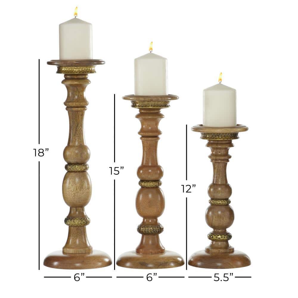 Mocha Mango Wood Candlestick Trio with Brass Accents