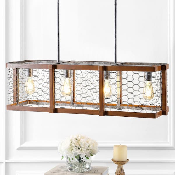 JONATHAN Y Gaines 34.5 in. 4-Light Silver Linear Adjustable Iron Rustic Industrial Farmhouse LED Pendant